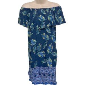BEACH LUNCH LOUNGE Over the Shoulder Tropical Floral Dress Blue Green Yellow XS